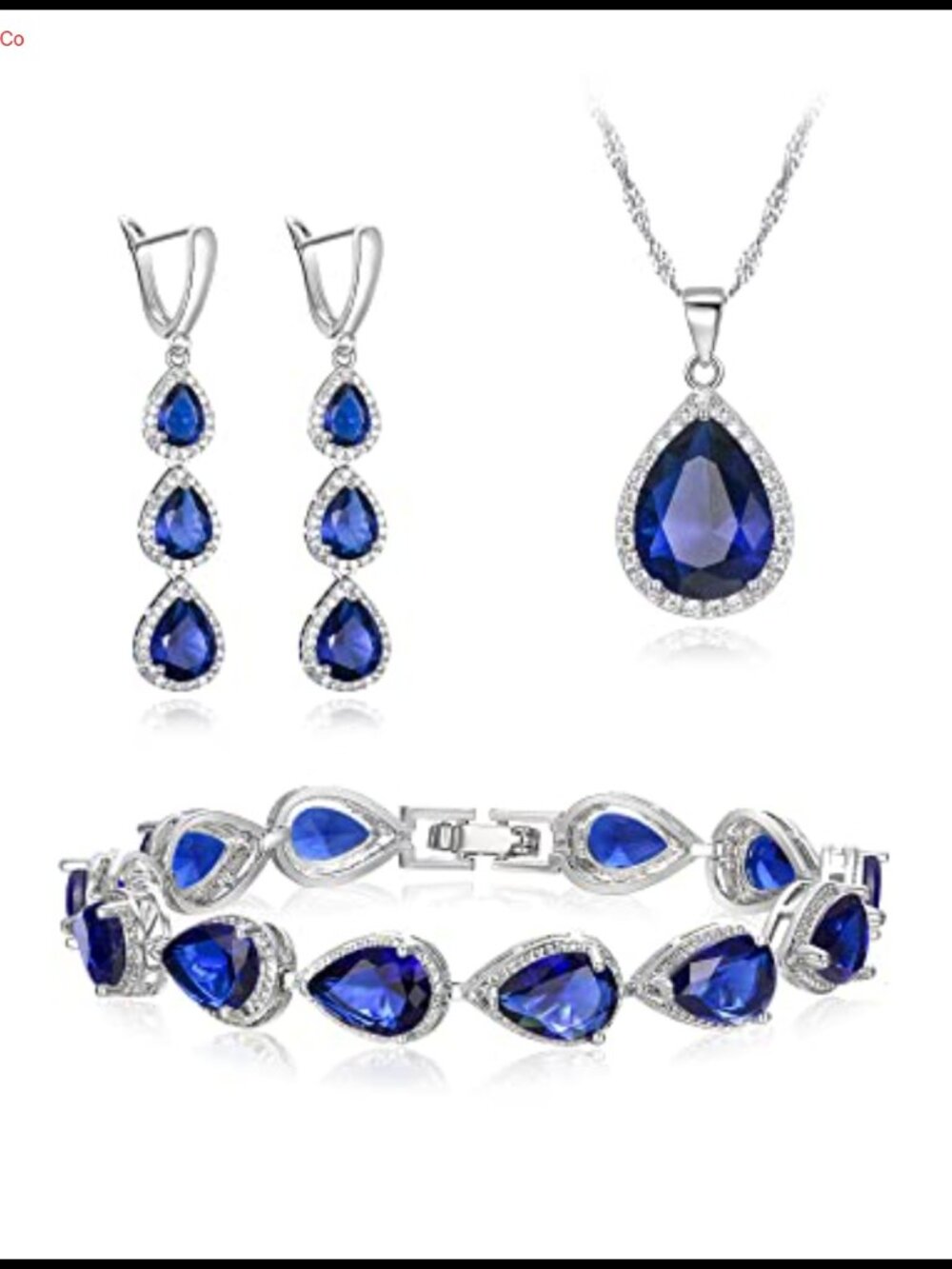 Cubic Zirconia Water Drop Pendant Necklace Dangle Earrings Tennis Bracelet Set